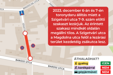 2023. december 6-án és 7-én toronydaru állítás miatt a Szigetvári utca 7-9 szám előtti szakaszt lezárjuk. Az érintett szakasz mindkét oldalán megállni tilos. A Szigetvári utca a Magdolna utca felől a lezárási terület kezdetéig zsákutca lesz.