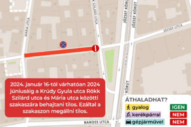 2024. január 16-tól várhatóan 2024 júniusáig a Krúdy Gyula utca Rökk Szilárd utca és Mária utca közötti szakaszára behajtani tilos. Ezáltal a szakaszon megállni tilos.