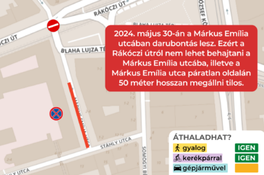 2024. május 30-án a Márkus Emília utcában darubontás lesz.Ezért a Rákóczi útról nem lehet behajtani a Márkus Emília utcába illetve a Márkus Emnília utca páratlan oldalán 50 méter hosszan megállni tilos.