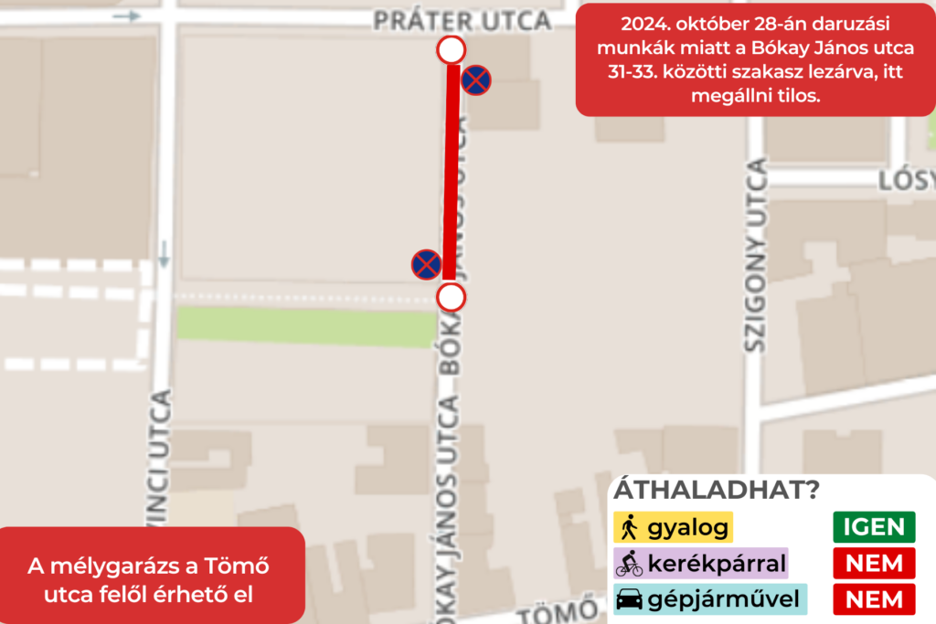 2023. október 28-án a Bókay János utca 31-33 közötti szakasz lezárva, itt megállni tilos a mélygarázs a Tömő utca felől érhető el