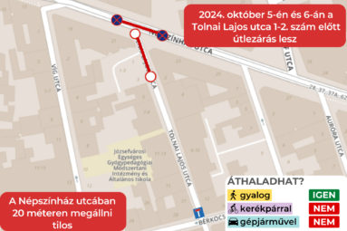 2024. október 5-6-án a Tolnai Lajos utca 1-2. szám előtt útlezárás lesz. A Népszínház utcában 20 méteren megállni tilos. Áthaladhat? Gyalogos- igen Kerékpáros- nem Gépjármű- nem