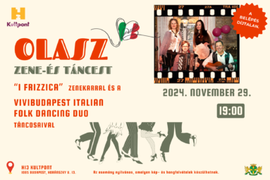 Élő zenés olasz zene -és táncest a H13 Kultpontban! Az „I Frizzica” zenekarral és a ViviBudapest Italian Folk Dancing Duo táncosaival. Az esemény nyilvános, amelyen kép- és hangfelvételek készülhetnek. A belépés díjtalan