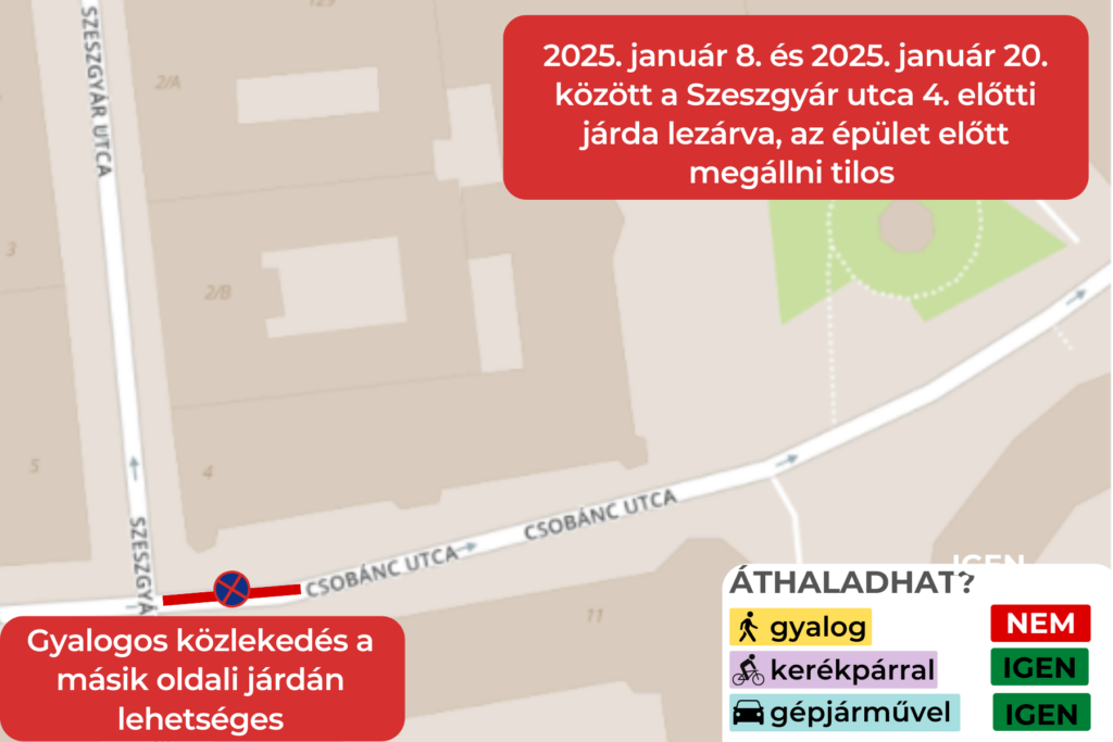 2025. január 8. és 2025. január 20. között a Szeszgyár utca 4. előtti járda lezárva, az épület előtt megállni tilos Gyalogos közlekedés a másik oldali járdán lehetséges Áthaladhat? gyalog nem, kerékpárral igen, gépjármű igen