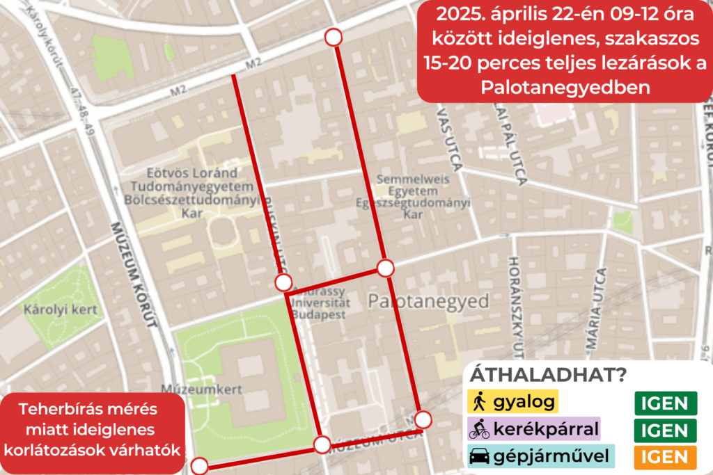 2025. április 22-én 09-12 óra között ideiglenes, szakaszos 15-20 perces teljes lezárások a Palotanegyedben. Teherbírás mérés miatt ideiglenes korlátozások várhatók