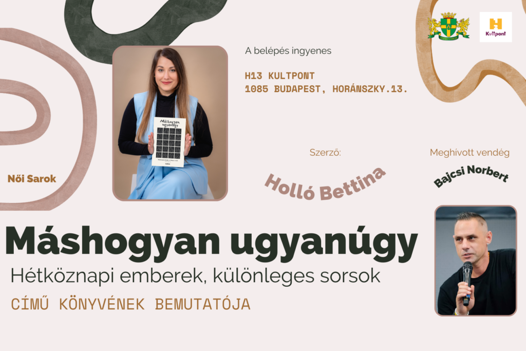 A belépés ingyenes H13Kultpont, 1085 Budapest Horánszky utca 13., Női sarok, Szerző: Holló Bettina, Meghívott vendég: Bajcsi Norbert, Máshogyan ugyanúgy, Hétköznapi emberek, különleges sorsok című könyvének bemutatója  