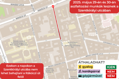 2025. május 29-én és május 30-án aszfaltozási munkák lesznek a Szentkirályi utcában. Ezeken a napokon a Rákóczi út felől nem lehet behajtani a Szentkirályi utcába