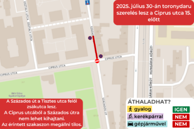 2025. július 30-án toronydaru szerelés lesz a Százados út 24. előtt. A Százados út a Tisztes utca felől zsákutca lesz. A Ciprus utcából a Százados útra nem lehet kihajtani. Az érintett szakaszon megállni tilos. ÁTHALADHAT? Gyalog: igen, kerékpárral: nem, gépjárművel: nem