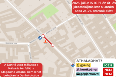 2025. július 15-16-17-én út- és járdafelújítás lesz a Dankó utca 23-27 számok előtt. A Dankó utca zsákutca a Kálvária tér felől a Magdolna utcából nem lehet behajtani a Dankó utcába. Áthaladhat? gyalogos igen, kerékpáros nem, gépjármű nem