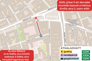 Daruzási munkák a Márkus Emília utca 2. szám előtt. Az utca Rákóczi út és Stáhly utca közötti szakasza a Stáhly utca irányából egyirányú lesz. Áthaladhat? Gyalogos- igen Gépjármű- igen Kerékpár- igen