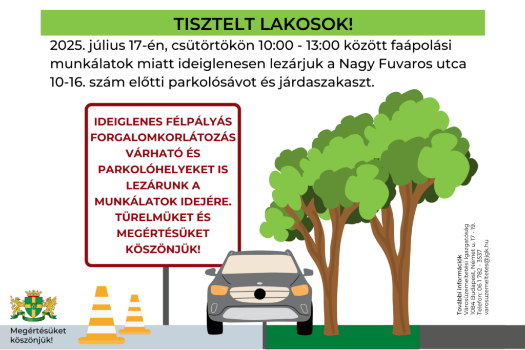 Tisztelt Lakosok! 2025. július 17-én, csütörtökön 10.00-13.00 között faápolási munkálatok miatt ideiglenesen lezárjuk a Nagy Fuvaros utca 10-16. szám előtti parkolókat és utcaszakaszt. Ideiglenes félpályás forgalomkorlátozás várható és parkolóhelyeket is lezárunk a munkálatok idejére. Türelmüket és megértésüket köszönjük! További információk: Városüzemeltetési Igazgatósághoz: varosuzemeltetes@jgk.hu, +36 1 782-3537  