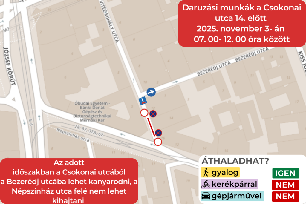 Daruzási munkák a Csokonai utcában 2025. november 3. 07.00-12,00 között A Csokonai utcából a Bezerédj utcába lehet lekanyarodni a Népszínház utca fel nem lehet kihajtani az adott időszakban.