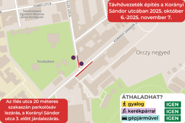 Távhővezeték építés a Korányi Sándor utcában 2025. október 6. 2025. november 6. Az Illés utca mindkét oldalán 20 méterene parkolósáv lezárás a Korányi Sándor utca 3. előtt járdalezárás. Áthaladhat? Gyalogos igen, kerékpár igen, gépjármű igen