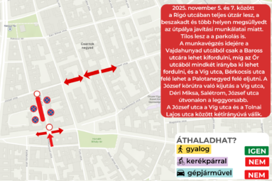 november 5. és november 7. között útfelújítási munkálatokat végeznek a Rigó utcában, ahol több helyen is útbeszakadásokat és megsüllyedt útpályát javítanak. A munkavégzés ideje alatt a utca teljes szakaszát lezárják, és tilos lesz a parkolás is. A munkavégzés idejére a Vajdahunyad utcából csak a Baross utcára lehet kifordulni, míg az Őr utcából mindkét irányba ki lehet fordulni, és a Víg utca, Bérkocsis utca felé lehet a Palotanegyed felé eljutni. A József körútra való kijutás a Víg utca, Déri Miksa, Salétrom, József utca útvonalon a leggyorsabb. A József utca a Víg utca és a Tolnai Lajos utca között kétirányúvá válik. Áthaladhat? Gyalogos igen, gépjármű nem, kerékpár nem