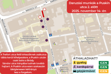 Daruzási munkálatok miatt a Puskin utca 2 szám előtti úttest teljes szélességében lezárásra kerül. A Trefort utca felől érkezőknek Zsákutca jelzőtábla kerül kihelyezésre, így a Puskin utcán csak balra a Bródy Sándor irányába tudnak tovább hajtani. A Puskin utca ezen szakaszán ideiglenesen kétirányúsítva lesz a forgalom. A forgalmat az érintett kereszteződésekben jelzőőrök segítik majd.