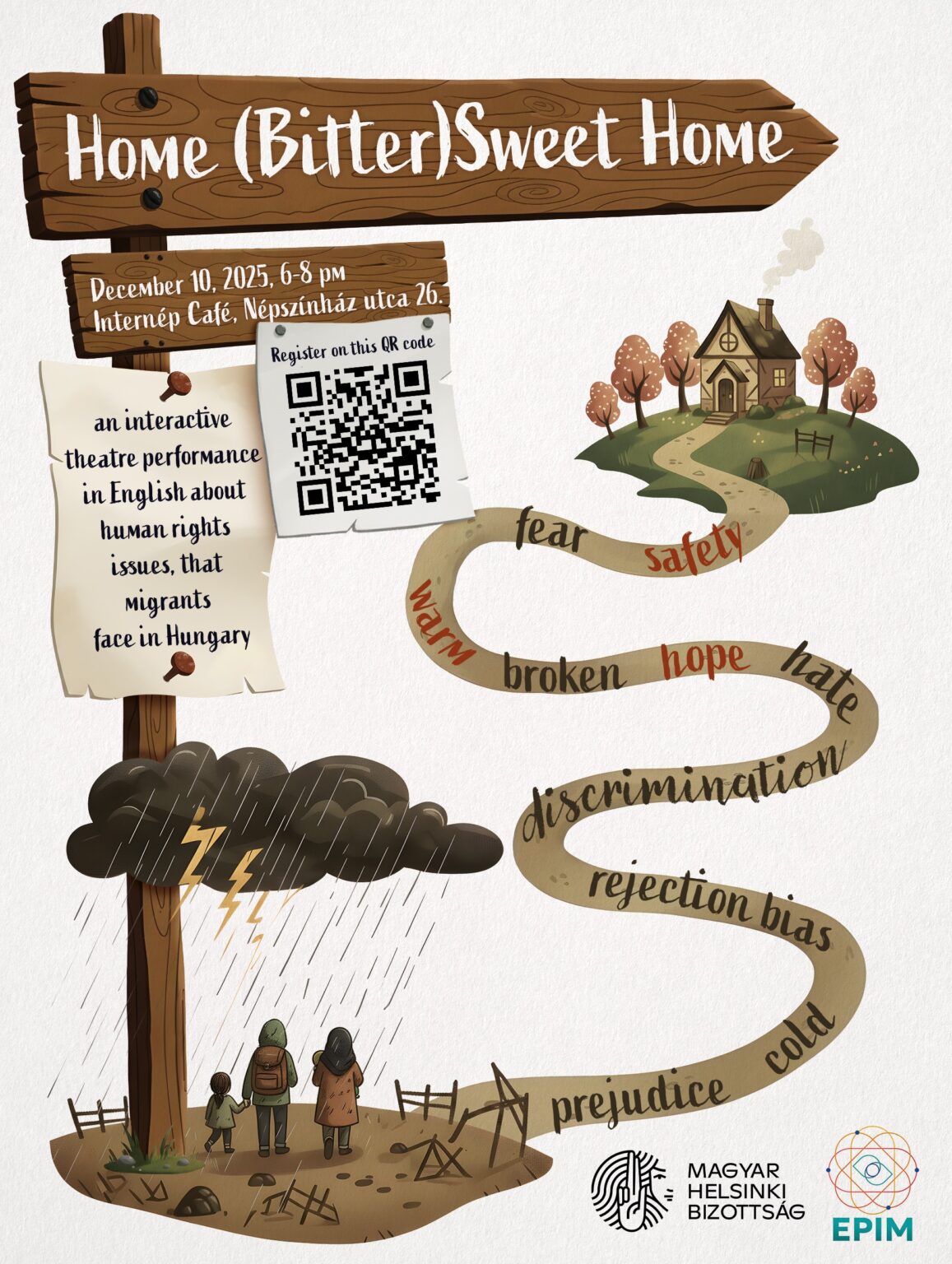 Home (bitter) sweet home, December 20 2025 6-8 pm, internép café Népszínház utca 26, an interactive theatre performance in english about human rights issues that migraints face in Hungary,