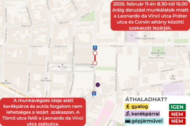 2026. február 11-én 08.30-tól 16.00 óráig daruzási munkálatok miatt a Leonardo da Vinci utca Práter utca és Corvin sétány közötti szakaszát lezárják. A gyalogosok zavartalanul közlekedhetnek a páros oldali járdán. A munkavégzés ideje alatt kerékpáros és autós forgalom nem lehetséges ezen a szakaszon. A Tömő utca felől a Leonardo da Vinci utca zsákutca.