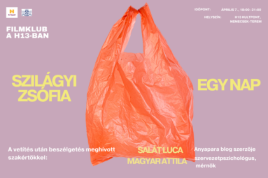 Filmklub a H13-ban Szilágyi Zsófia Egy nap, Időpont április 7. 18.00 H13 Kultpont Nemecsek terem, A vetítés után beszélgetés meghívott szakértőkkel, Salát Luca anyapara blog szerzője, Magyar Atila szervezetpszicjhológus, mérnök