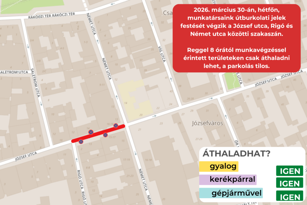 2026. március 30-án Útburkolati jelek festését végezzük a József utca Rigó utca és Német utca közötti szakaszán. Reggel 8 órától a munkavégzéssel érintett területen csak áthaladni lehet a parkolás tilos.