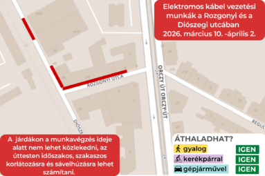 Elektromos kábel vezetési munkák a Rozgonyi és a Diószegi utcában 2026. március 10. -április 2. A járdákon a munkavégzés ideje alatt nem lehet közlekedni, az úttesten időszakos, szakaszos korlátozásra és sávelhúzásra lehet számítani.