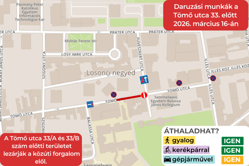 Daruzási munkák a Tömő utca 33 előtt 2026. március 16-án . A Tömő utca 33/A és 33/B szám előtti területet lezárják a közúti forgalom elől.