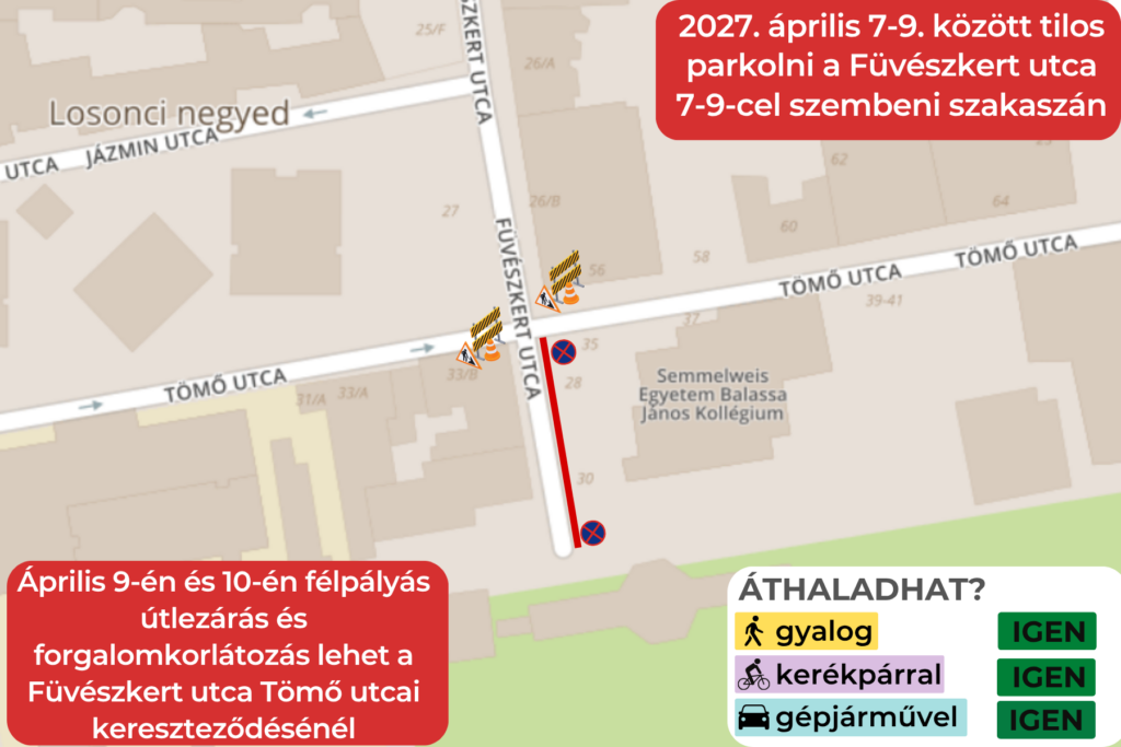 2027. április 7-9. között tilos parkolni a Füvészkert utca 7-9-cel szembeni szakaszán. Április 9-én és 10-én félpályás útlezárás és forgalomkorlátozás lehet a Füvészkert utca Tömő utcai kereszteződésénél