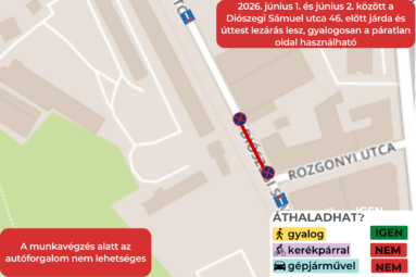 2026. június 1. és június 2. között a Diószegi Sámuel utca 46. előtt járda és úttest lezárás lesz, gyalogosan a páratlan oldal használható. A munkavégzés alatt az autóforgalom nem lehetséges