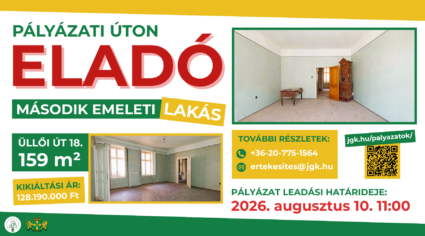 Pályázati úton eladó második emeleti lakás Üllői út 18. 159m2, Kikiáltási ár 128 190 000 További részletek: 36-20-775-1564, ertekesites@jgk.hu; jgk.hu/palyazatok, Pályázat leadási határideje 2026. augusztus 10. 11.00