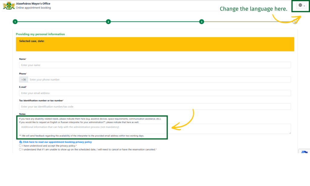 Mark your request for an interpreter using the Notes section.