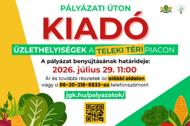 Pályázati úton kiadó üzlethelyiségek a Teleki téri piacon A pályázat benyújtásának határideje: 2026. július 29. 11:00 Ár és további részletek az alábbi oldalon vagy a 06-20-218-8833 as telefonszámon jgk.hu/palyazatok