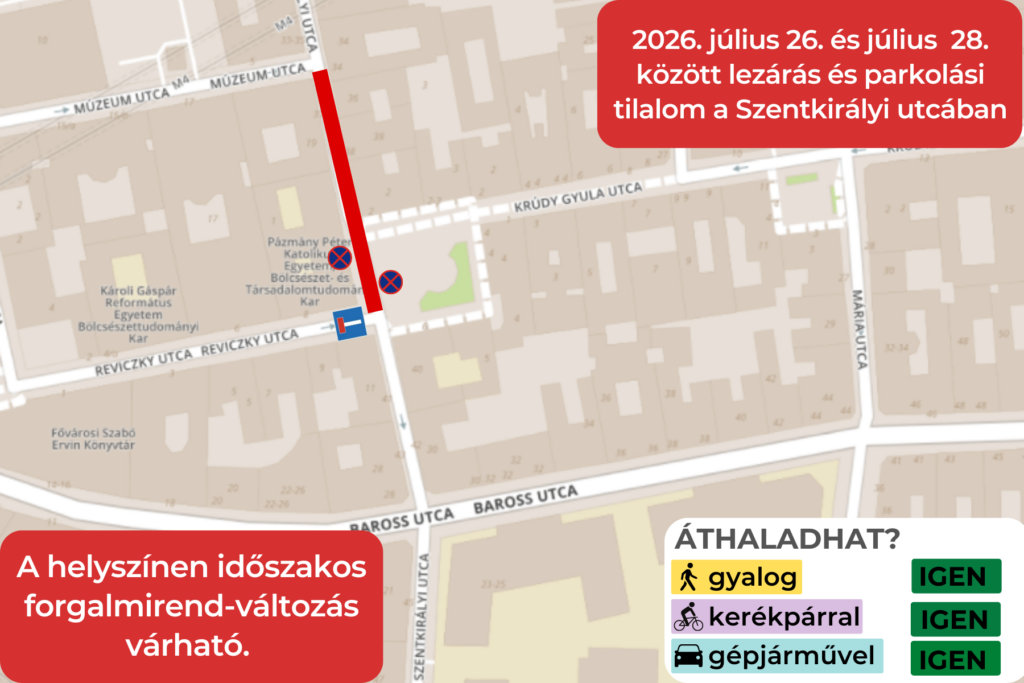 2026. július 26. és július 28. között lezárás és parkolási tilalom a Szentkirályi utcában A Szentkirályi utca Mikszáth tér előtti szakaszán parkolni tilos