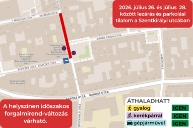 2026. július 26. és július 28. között lezárás és parkolási tilalom a Szentkirályi utcában A Szentkirályi utca Mikszáth tér előtti szakaszán parkolni tilos