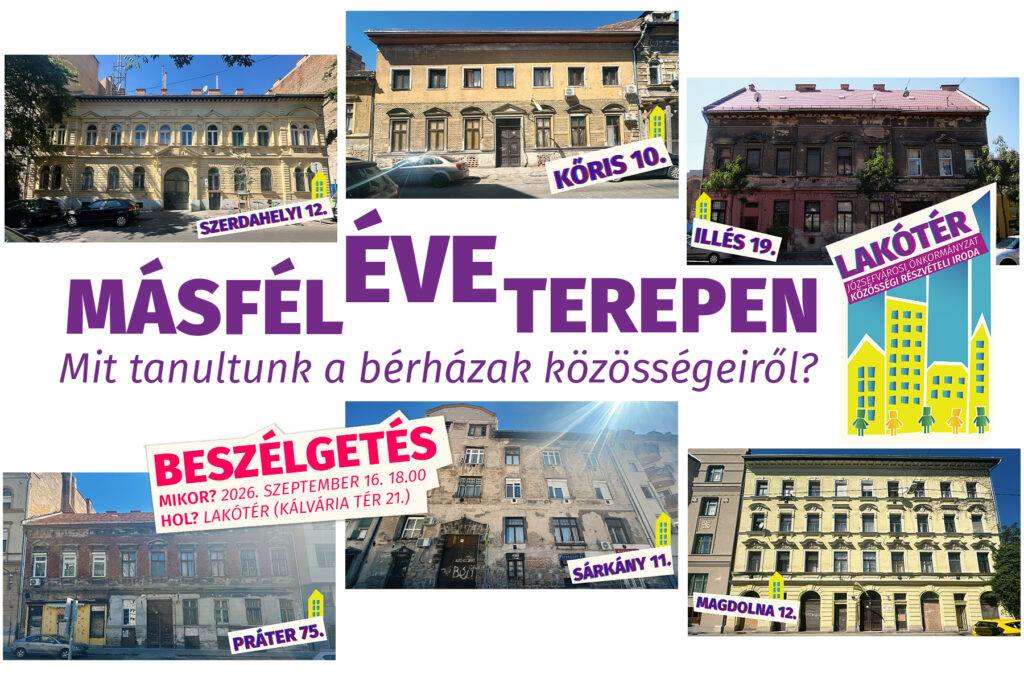 Másfél éve terepen. Mit tanultunk a bérházak közösségeiről?Beszélgetés. Mikor? 2026. szeptember 16. 18.00 Hol? Lakótér (Kálvária tér 21.)