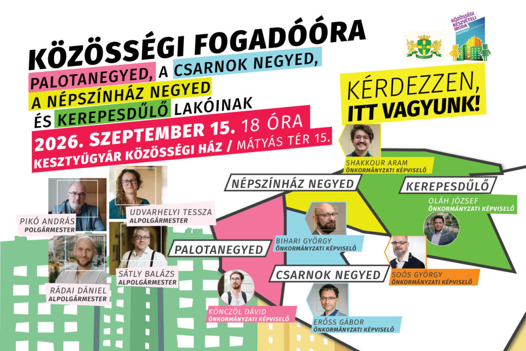 Közösségi fogadóóra a Palotanegyed, a Csarnok negyed, a Népszínház negyed és Kerepesdűlő lakóinak. Kérdezzen, itt vagyunk. 2026. szeptember 15. 18 óra Kesztyűgyár Közösségi ház Mátyás tér 15. Pikó András, polgármester Udvarhelyi Tessza, alpolgármester Rádai Dániel, alpolgármester Sátly Balázs, alpolgármester és önkormányzati képviselő Shakkour Aram, önkormányzati képviselő Oláh József, önkormányzati képviselő Erőss Gábor, önkormányzati képviselő Bihari György, önkormányzati képviselő Könczöl Dávid, önkormányzati képviselő Soós György, önkormányzati képviselő