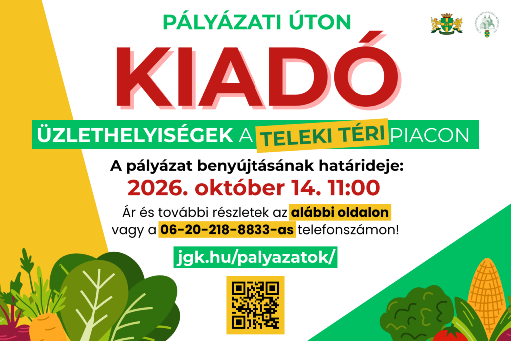 Pályázati úton kiadó helyiségek a Teleki téri piacon A pályázat beadási határideje 2026. október 14. 11.00 Ár és további részletek az alábbi oldalon vagy a 06-20-218 8833-as telefonszámon jgk.hu/palyazatok