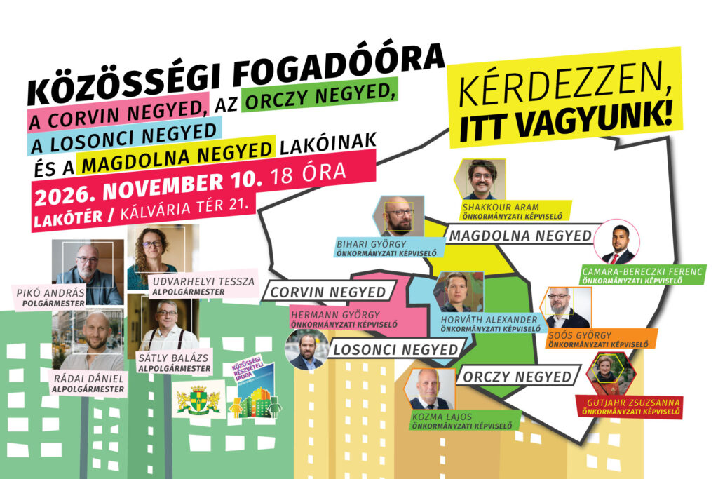 Közösségi fogadóóra a Corvin negyed, Orczy negyed, Losonci negyed és Magdolna negyed lakóinak. Kérdezzen itt vagyunk 2026. november 10. 18 óra Lakótér Kálvária tér 21  