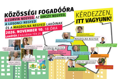 Közösségi fogadóóra a Corvin negyed, Orczy negyed, Losonci negyed és Magdolna negyed lakóinak. Kérdezzen itt vagyunk 2026. november 10. 18 óra Lakótér Kálvária tér 21