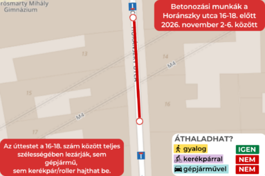 Betonozási munkák a Horánszky utca 16-18. előtt 2026. november 2-6. között Az úttestet a 16-18. szám között teljes szélességében lezárják, sem gépjármű, sem kerékpár/roller hajthat be.